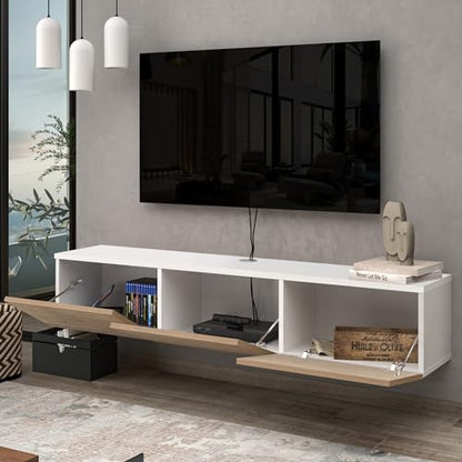 Atelier Mobili Oak TV Console, Wall Mounted TV Stand for Up to 75 Inch TV, Entertainment Center with Floating Shelf - color: Sapphire Oak & White
