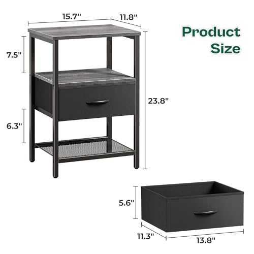Huuger Night Stand with Fabric Drawer, Side Table with Mesh Shelf, Bedroom Nightstand, Fabric Drawer Dresser, Open Shelf, Metal Frame, Couch Side, Charcoal Gray | Bedroom Nightstand, Fabric Drawer Dresser, Open Shelf, Metal Frame, Couch Side, Charcoal Gra