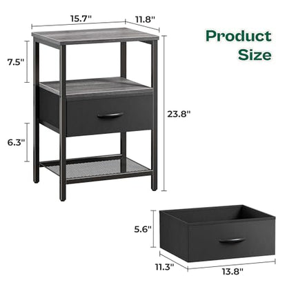 Huuger Night Stand with Fabric Drawer, Side Table with Mesh Shelf, Bedroom Nightstand, Fabric Drawer Dresser, Open Shelf, Metal Frame, Couch Side, Charcoal Gray | Bedroom Nightstand, Fabric Drawer Dresser, Open Shelf, Metal Frame, Couch Side, Charcoal Gra
