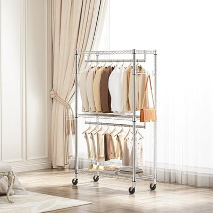 M MZG Heavy Duty Rolling Garment Rack 3 Tiers Adjustable Wire Shelving Clothes Rack with 2 Rods and Side Hooks,Storage Closet Clothing Rack with Wheels Chrome 15.7" D x 29.5" W x 74.5" H - color: Chrome, size: 3 Tier with 2 rod, 15.7"D x 29.5"W x 74.5"H