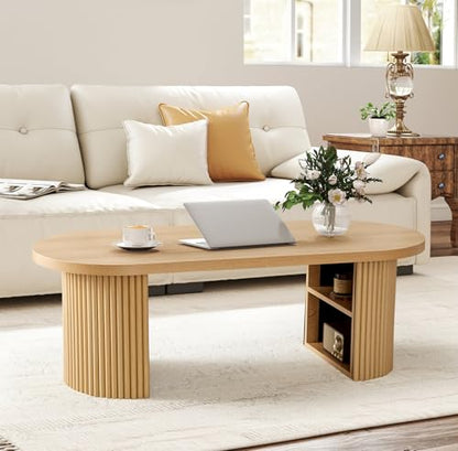 Oval Fluted Coffee Table, 47" Farmhouse Wood Coffee Table Mid Century Modern Center Table Boho Living Room Tables for Living Room Office,Natural - color: Natural, size: 19.69"D x47.2"W x 15.74"H