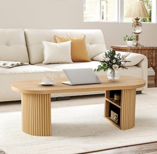 Oval Fluted Coffee Table, 47" Farmhouse Wood Coffee Table Mid Century Modern Center Table Boho Living Room Tables for Living Room Office,Natural - color: Natural, size: 19.69"D x47.2"W x 15.74"H