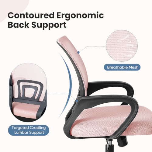 DUMOS Ergonomic Home Office Chair, Executive Mesh Desk Chair | Height Adjustable, Lumbar Support, Breathable Backrest, Fixed Armrest, Rolling Wheels, Computer Gaming, Meeting, New Pink - color: New Pink