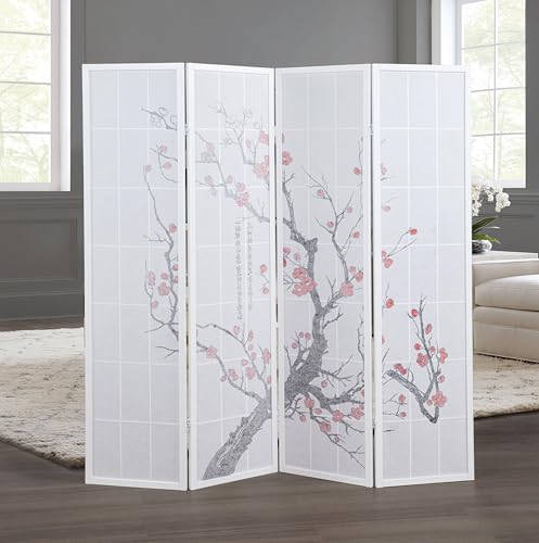 Roundhill Furniture White Japanese 4-Panel Screen Room Divider, Plum Blossom - color: White