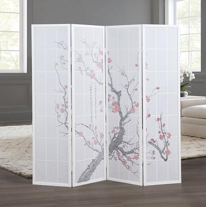 Roundhill Furniture White Japanese 4-Panel Screen Room Divider, Plum Blossom - color: White