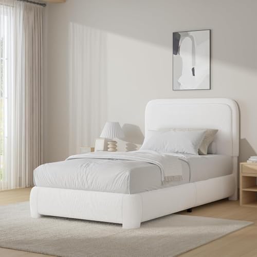 BarnFurin Twin Bed Frame, Cloud Boucle Headboard, Rounded Corners, White | Soft boucle and rounded edges create a low-profile cloud look. Wooden slats support the mattress without a box spring - color: White, size: Twin