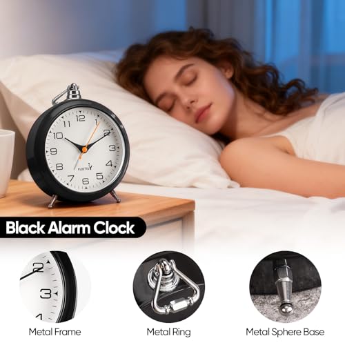 FLOITTUY 4.5" Battery Operated Antique Retro Analog Metal Alarm Clock, Silent Bedside Desk Clock, Wall-Hanging Vintage Clock(Black) - color: Black