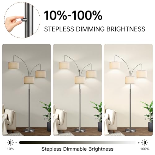 Dimmable Floor Lamp, 3 Lights Sliver Arc Floor Lamp, Modern Tall Standing Tree Lamp with White Linen Shades & Heavy Base, 3000LM LED Bulbs, Bright Lighting for Living Room, Bedroom, Office & Reading - color: Brushed Nickel-White Shade