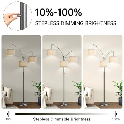 Dimmable Floor Lamp, 3 Lights Sliver Arc Floor Lamp, Modern Tall Standing Tree Lamp with White Linen Shades & Heavy Base, 3000LM LED Bulbs, Bright Lighting for Living Room, Bedroom, Office & Reading - color: Brushed Nickel-White Shade