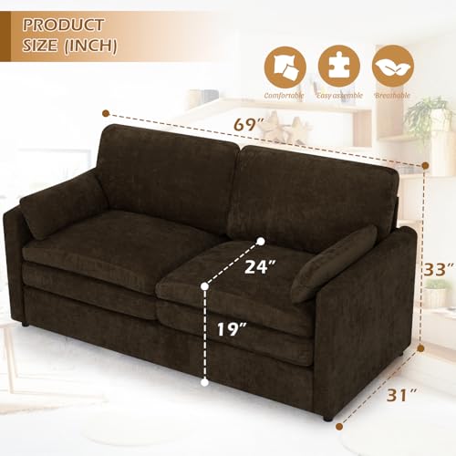 3 Pieces Chenille Sofa Set w/Two Arm Pillows, Brown | Upholstered Loveseat & 2 Pieces 3-Seater Sofa w/Soft Cushions, Modern 2-Seat & 3-Seat w/High-Density Foam for Living Room - color: Brown, size: 69" & 89" & 89" Sofa Set