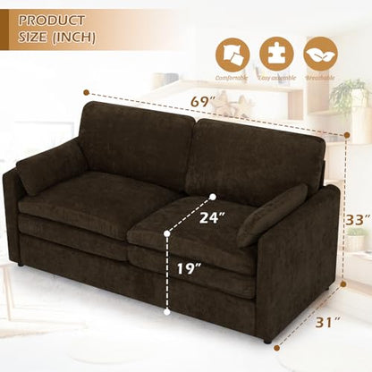 3 Pieces Chenille Sofa Set w/Two Arm Pillows, Brown | Upholstered Loveseat & 2 Pieces 3-Seater Sofa w/Soft Cushions, Modern 2-Seat & 3-Seat w/High-Density Foam for Living Room - color: Brown, size: 69" & 89" & 89" Sofa Set
