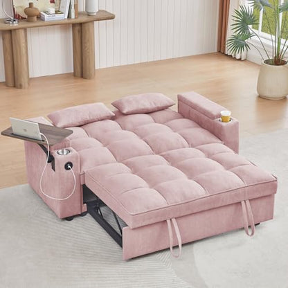 66" Multi-Functional Pull-Out Sofa Bed with Hidden Side Table, Storage Armrests, Built-in Charging Port, Spring Mattress, Solid Wood Frame – Ideal for Small Spaces, Easy Assembly - color: 1007--pink