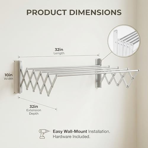 HILLHOUSE Wall Mount Drying Rack for Laundry Room - Collapsible Accordion Clothes Dryer, Extendable Aluminum Clothes Rack, Space Saving Laundry Drying Rack Wall Mounted for Bathroom & Balcony
