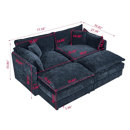 Aoowow Modular Sectional Sofa Modern Convertible Loveseat Couch,77.16 Inch Deep 2-Seater Sofas Comfy Chenille Cloud Sofas and Couches Set with 2 Movable Ottoman for Living Room Apartment（Blue） - color: Blue, size: 2 Seat + 2 Ottoman