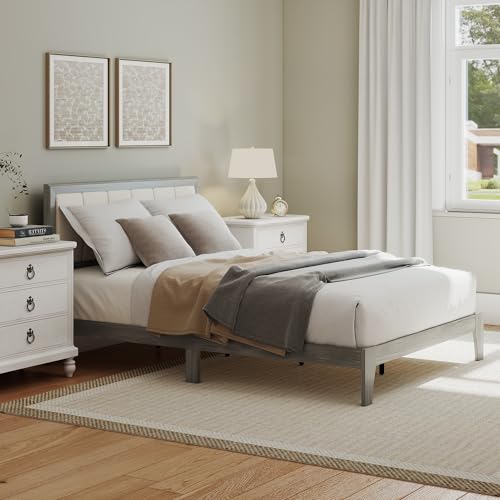 HOMCOM Full Size Bed Frame, Upholstered Headboard, Wooden Slats, Gray | Platform Bed Frame, No Box Spring Needed, Easy Assembly - size: Full