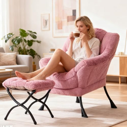 Modern Lazy Chair with Ottoman Lounge Accent Reading Chair for Living Room | Foldable Footstool,Removable Cover,Soft Padded Seat & Backrest,Upholstered Comfy Chair for Bedroom,Dorm,Office,Small Space - color: Plush Dark Pink