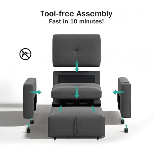Sunny Heart 42.5" W Oversized Sleeper Chair Bed, 3-in-1 Convertible Reclining Sofa Chair with Pull Out Couch Bed, Adjustable Backrest, Side Pockets, Cup Holder, USB Ports & Table, Premium Dark Grey - color: Dark Grey, size: 42.5 inch