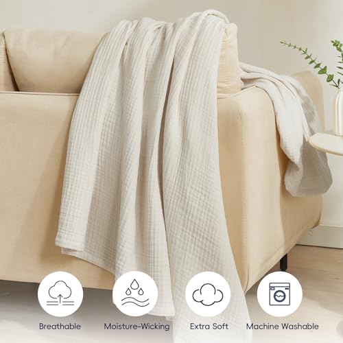 PHF 100% Cotton Muslin Throw Blanket 50" x 60", 4-Layer Lightweight and Breathable Blanket, Luxuriously Soft Gauze Throws for Couch Bed Sofa, Ideal Gift Choice, Oat Milk (Pack of 2) - color: Oat Milk, size: Throw(50"X60") (Pack of 2)
