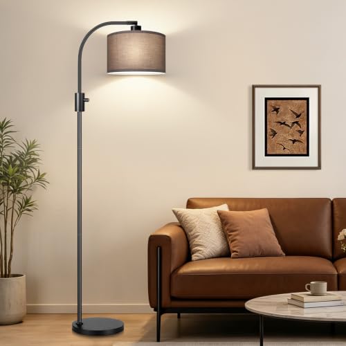 Nintiue Dimmable Black Floor Lamp, 1200 Lumens LED Edison Bulb Included, Arc Gold Floor Lamps for Living Room Modern Standing Lamp with Khaki Shade - color: Black - Khaki Linen Shade