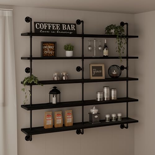 HDDFER Floating Shelves for Wall Bookshelf Industrial Pipe Shelving Shelves 60 Inch 5 Tier Natural Wood Planks Rustic Wall Shelves Hanging Bookshelves Farmhouse Kitchen Shelving - color: Black, size: 5Tier60in