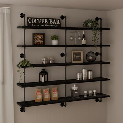 HDDFER Floating Shelves for Wall Bookshelf Industrial Pipe Shelving Shelves 60 Inch 5 Tier Natural Wood Planks Rustic Wall Shelves Hanging Bookshelves Farmhouse Kitchen Shelving - color: Black, size: 5Tier60in