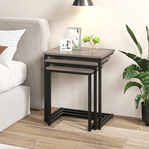 GOFLAME Nesting Coffee Tables Set of 3, Rectangular Nesting Center Table with Wood Grain Top & Metal Frame, Modern C-Shaped Nested Side Table Set for Living Room, Bedroom, Black & Oak - color: Black & Oak