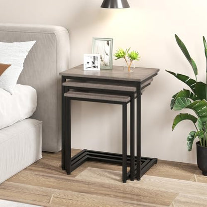 GOFLAME Nesting Coffee Tables Set of 3, Rectangular Nesting Center Table with Wood Grain Top & Metal Frame, Modern C-Shaped Nested Side Table Set for Living Room, Bedroom, Black & Oak - color: Black & Oak