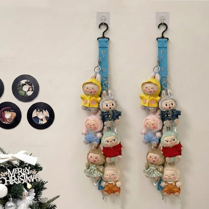 Plush Doll Hanging Storage Rope Display Rack with 8 Clips – Wall Hanging Organizer for Keychain Plushies, Mini Toys– Holds up to 3kg (Blue) - color: Blue