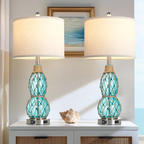 Rinweey 26" Coastal Glass Table Bedside Lamps Set of 2, 3-Way Dimmable Touch Lamps with USB Ports and AC Outlet, Nautical Nightstand Lamps for Bedroom Living Room,Teal - color: Teal