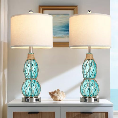Rinweey 26" Coastal Glass Table Bedside Lamps Set of 2, 3-Way Dimmable Touch Lamps with USB Ports and AC Outlet, Nautical Nightstand Lamps for Bedroom Living Room,Teal - color: Teal