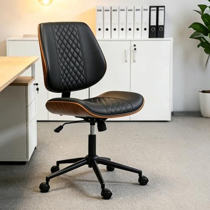 Modern Walnut Home Office Chair, Executive Desk Chair No Arms Black | with Wheels, Adjustable Height, Comfy PU, Deeper Cushion, Mid Back, 360 Swivel Computer Chair - color: Black
