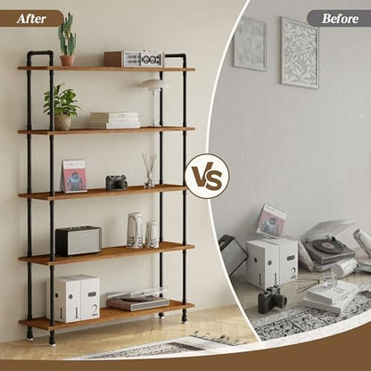 Industrial Bookshelf, Pipe Shelf Bookcase, 5 Tier, 48" Rustic Brown | Solid pine shelves, 48 inch wide, black pipe frame, 50 lbs per shelf, open bookcase for books, plants, office - color: Rustic Brown, size: 48"L × 70"H