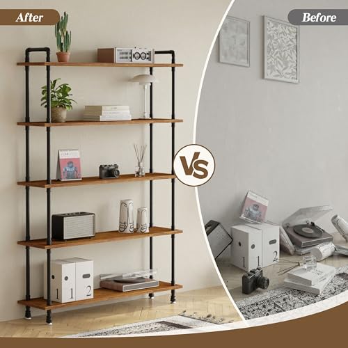 Industrial Bookshelf, Pipe Shelf Bookcase, 5 Tier, 48" Rustic Brown | Solid pine shelves, 48 inch wide, black pipe frame, 50 lbs per shelf, open bookcase for books, plants, office - color: Rustic Brown, size: 48"L × 70"H