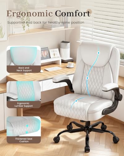 COMHOMA Mid-Back Office Chair, Ergonomic PU Desk Chair with Flip up Arms, Small Computer Gaming with Comfy Lumbar Support,Rocking Function,Sturdy Metal Base, White - color: White