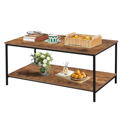 SENIG 2-Tier Coffee Table with Storage Shelf for Living Room | Brown Rectangle Wood and Sturdy Metal Side End Table Functional Center Table for Home Kitchen, 39.3 x 20 x 16 - color: Brown, size: 39.3in