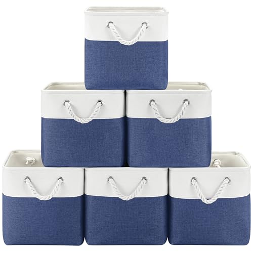 Patvingot 11-Inch Fabric Cube Storage Bins with Handles,6 Pack,Foldable | For cube shelves and closets,keeps grouped for everyday access,reinforced opening and fold-flat storage,white and blue - color: White/Blue, size: 11"×11"×11"-6Pack