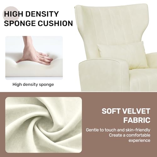 Nebuaegis Velvet Accent Chair Wingback for Living Room, High Back Arm Chair with Golden Legs Lumbar Pillow, Upholstered Single Sofa Bedroom Beige - color: Beige, size: Set of 1