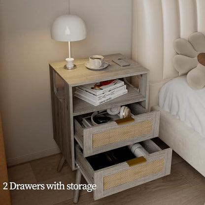 Rattan Nightstand,Farmhouse Bedside Table with 2 Storage Drawer and Open Wood Shelf, for Bedroom and Small Spaces,Night Stand with Solid Wood Legs (Grey Oak) - color: Grey Oak