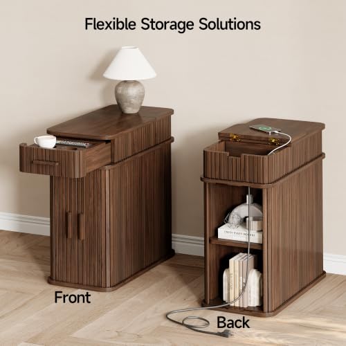 Fluted End Table with Charging Station, Narrow Side Table with Drawers, Wood Skinny Nightstand with Storage, Mid-Century Modern Bedside Tables for Small Space Living Room Bedroom Sofa Couch - color: Walnut