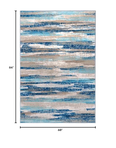Lansny Washable Abstract 5x7 Area Rug for Living Room Non Slip Bedroom Rug | Blue;Thin Printed Faux Wool Large Rug;Modern Dining Room Rug;Non Skid Floor Carpet for Nursery Playroom Office - color: Blue Aqua/Beige Taupe Multi, size: 5' x 7' (Rectangular)