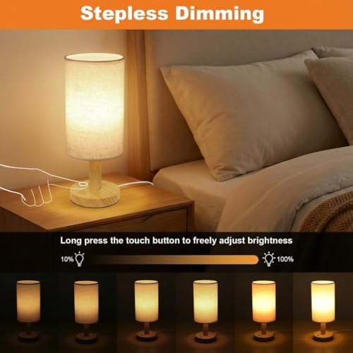 Touch Bedside Table Lamps Set of 2 - Stepless Dimming USB Powered, Minimalist Wood Base Linen Shade, 2700K Warm Night Light for Bedroom Nightstand Nursery Dorm Kitchen Small Spaces(5W LED 50K Hrs)