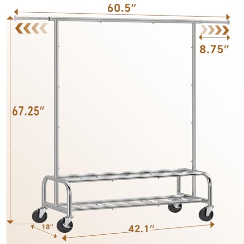 Simple Trending Heavy Duty Clothes Rack, Garment Rack with Extendable Side Rods & Bottom Shelves, 25mm Metal Clothing Rack with Wheels, Bedroom, Laundry Room, Silver - size: 18"D x 60.5"W x 67.25"H