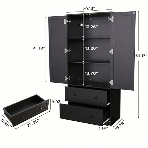 DIYART 64.2" Tall Black Kitchen Pantry, Storage Cabinet with Doors and Drawers, Freestanding Wooden Organizer for Kitchen, Dining Room - color: Black