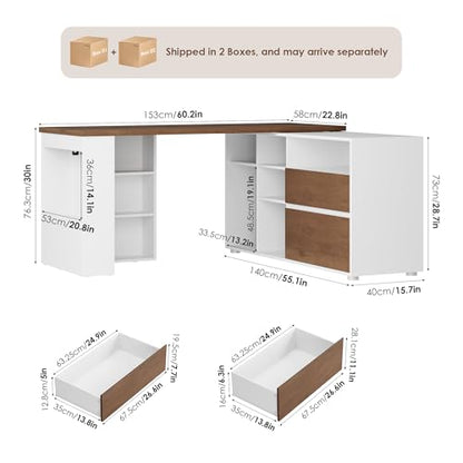L Shaped Desk with 2 Drawers and 3 Shelves, 60" Reversible Corner Desk, Computer Desk with 10 Cubby Storage Organize, Home Office Executive Desk for Writing Study Work, White