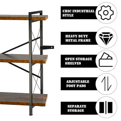 Bookshelf, Rustic Open Book Shelf, Wood and Metal Horizontal Bookshelves (3-Tier) - color: 3-tier