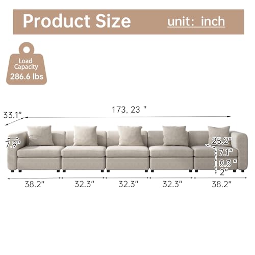 5 Seater Velvet Sectional Sofa, Modern Oversized Couch with 5 Pillows, 5 Seat Sofa Couch for Living Room, Apartment, Office, Small Space, Beige (No Ottoman), 173.23" L - size: 5 Seat Sofa (No Ottoman)