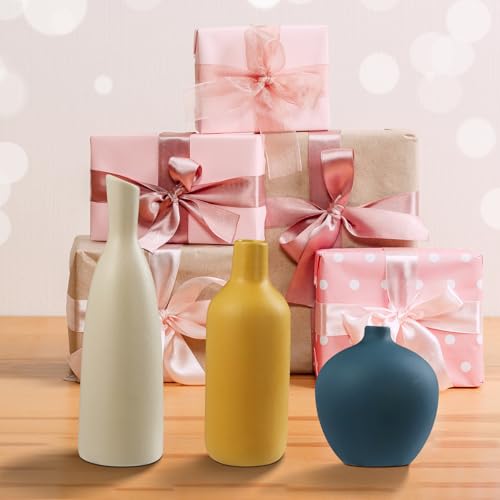 JINGIHE Ceramic Vase Set of 3, Modern Flower Vases Farmhouse Home Decor | Small White Burnt Orange Blue Terracotta Pots, Coffee Bar Accessories for Living Room Bathroom Centerpieces Mantel