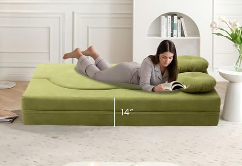 76" Convertible Folding Futon Sofa Bed, Queen Sleeper Sofa with Pillow, Teddy Floor & Futon Loveseat Couch, Foam Folding Mattress Sleeper for Living Room, Guest Use, Apartment, No Assembly (Green) - color: Green