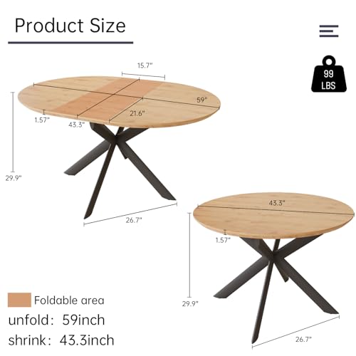 HIPIHOM 43.2"-59.1" Extendable Round Dining Table | Mid century modern oak finish, MDF board, space saving design, for 4-6 person, kitchen & coffee table - color: Oak Table, size: Oak Table