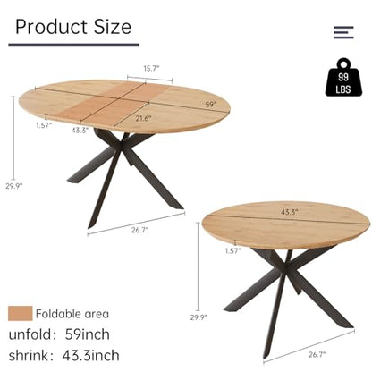 HIPIHOM 43.2"-59.1" Extendable Round Dining Table | Mid century modern oak finish, MDF board, space saving design, for 4-6 person, kitchen & coffee table - color: Oak Table, size: Oak Table